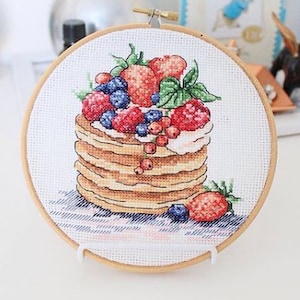Ontbijtpannenkoeken - eten geteld kruissteekpatroon pdf, diy keuken boho wanddecor, moderne kruissteekkaart - digitaal formaat pdf