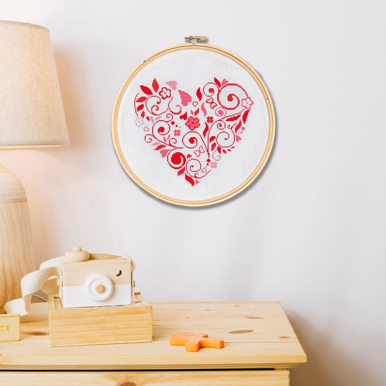 Heart modern cross stitch pattern PDF, flower heart LOVE xstitch, Valentine's Day gift boho wall decor art digital format PDF image 2