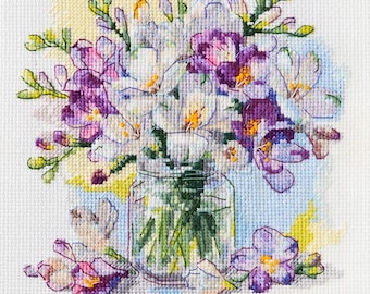 Freesias - Cross Stitch KIT, floral modern cross stitch pattern needlework kit. Perfect gift for Her