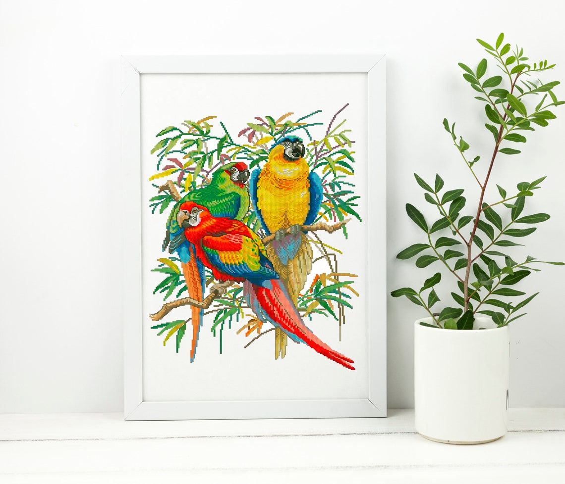 Three Beautiful Parrots - bird cross stitch pattern, counted cross stitch chart, wall decor home art. Digital File PDF image 2