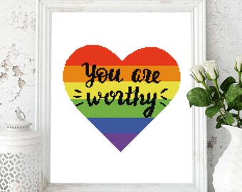 あなたは価値がある - モダンなクロスステッチパターンPDF、LGBTQ、ゲイプライド、モチベーションを高める引用句。愛は愛。デジタルファイルPDF