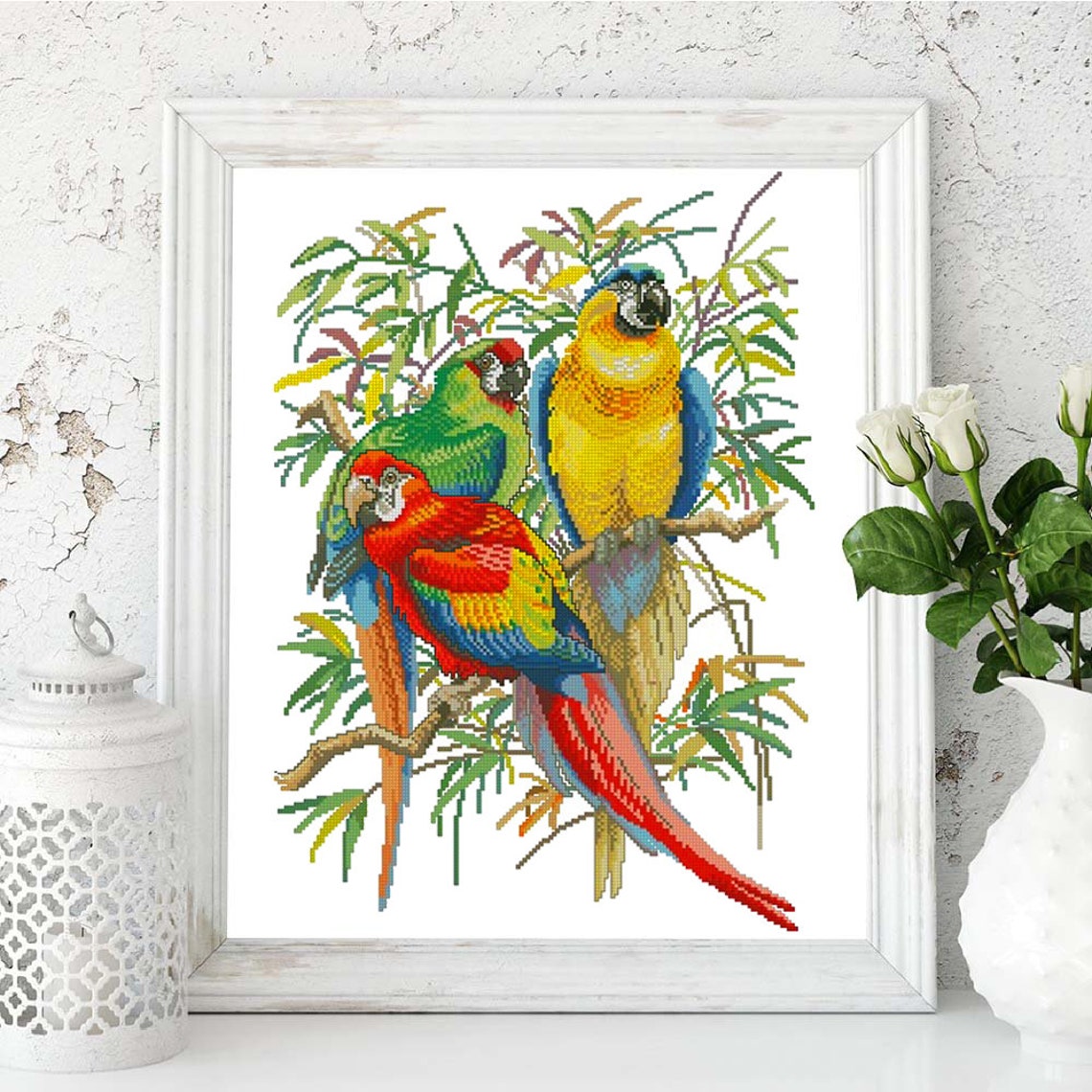 Three Beautiful Parrots - bird cross stitch pattern, counted cross stitch chart, wall decor home art. Digital File PDF image 1