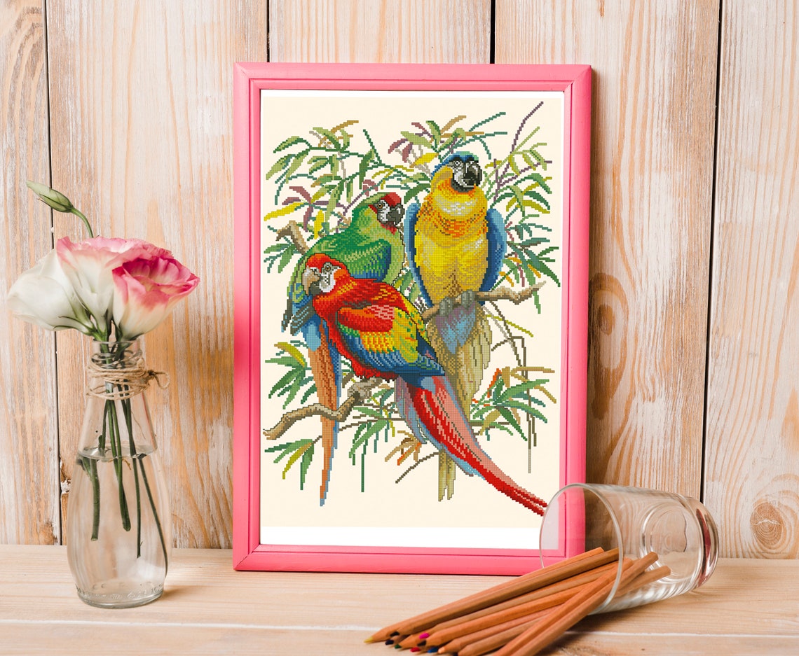 Three Beautiful Parrots - bird cross stitch pattern, counted cross stitch chart, wall decor home art. Digital File PDF image 3
