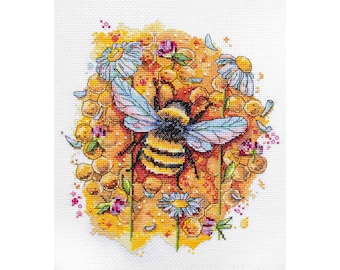 Kit de punto de cruz con diseño de abejas y margaritas, kit de costura con patrón de punto de cruz moderno con motivos florales. Regalo perfecto para ella.