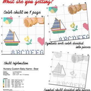May include: A cross-stitch pattern for a nursery with the name "Bear" in a sailboat, flower, and heart design. The pattern includes a colour chart and a symbol chart divided into pieces.