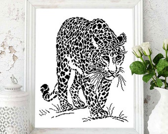 Black and White Leopard counted cross stitch pattern, jaguar animal cat cross stitch chart, boho wall decor easy diy - Digital Format PDF