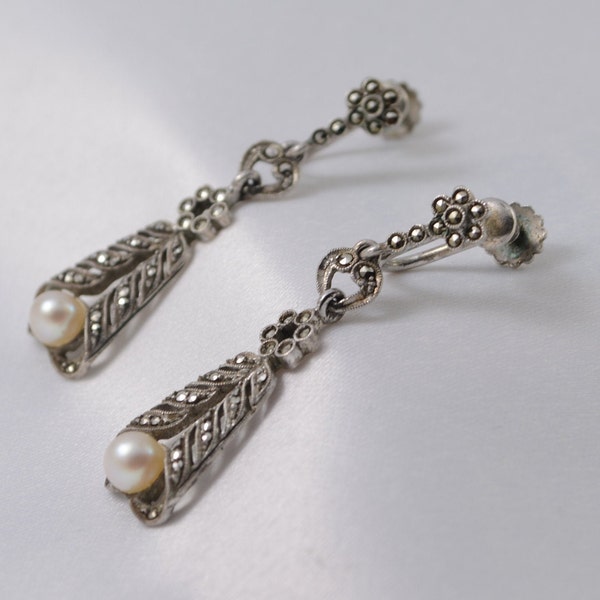 Theodor Fahrner, Sterling Silver Marcasite Pearl Dangle Earrings, Pforzheim Germany, German Vintage Earrings