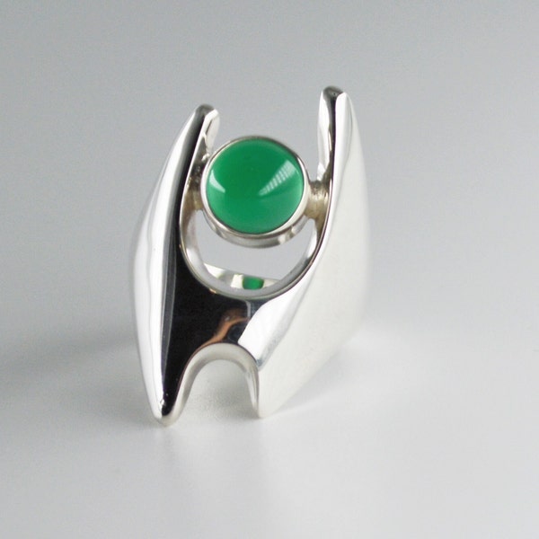 Henning Koppel for Georg Jensen, Green Chrysoprase Modernist Sterling Silver Ring, Denmark