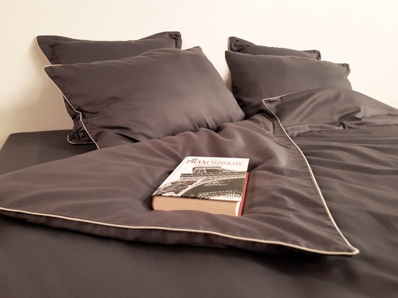 Satin Duvet Cover Dark Grey Natural Cotton Fabric Bedding Etsy