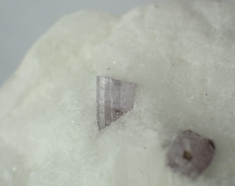 May include: Close-up of a mineral specimen featuring a light pink crystal formation embedded in a white, textured matrix. The crystal has a rectangular shape with visible striations. A smaller, similar crystal is also present.