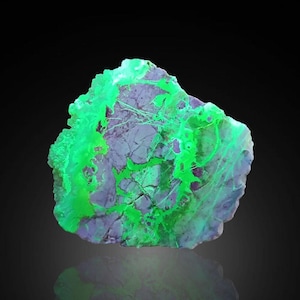 Könnte beinhalten: Ein lebhaft gefärbtes Mineralexemplar von unregelmäßiger Form. Der Stein zeigt eine Basis aus lila und grauen Farbtönen, überlagert von hellgrünen Adern und Flecken, wodurch eine visuell dynamische Darstellung entsteht. Das Exemplar ist vor einem dunklen Hintergrund platziert.