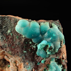May include: A close-up of a mineral specimen with striking teal-coloured formations. The mineral has a bubbly, organic appearance, set against a dark background. The matrix is rough and earthy, with small green specks scattered across the surface.