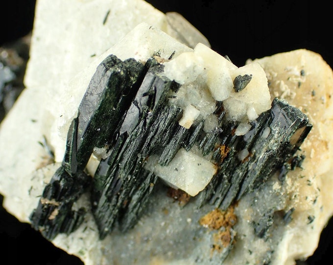 black AEGIRINE and smoky quartz on albite from MALAWI 220