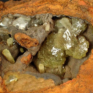 May include: A close-up of a mineral specimen with a cavity filled with crystalline structures. The specimen has a rough, orange-brown exterior. Inside, there are clusters of translucent, pale green and white crystals.