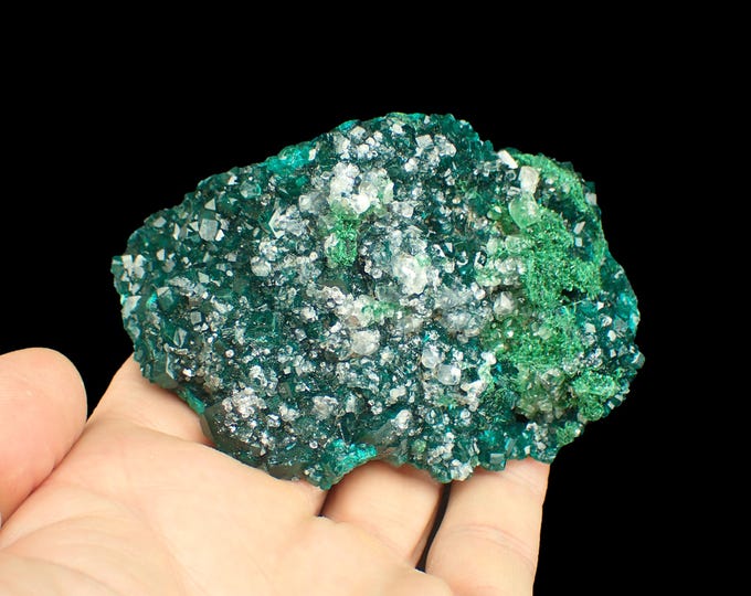 DIOPTASE with calcite and malachite 8,5 x 5,5 x 3,0 cm from DR CONGO 13239