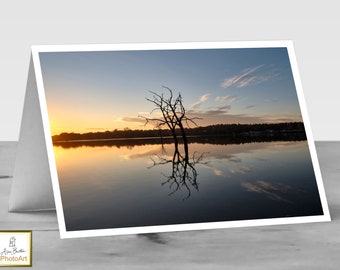Capture Serenity with TWO TREES at Sunset by the River Deben, Woodbridge Suffolk. A blank A6 Photo Card, Perfect for Notes & Greetings.