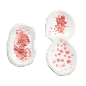 May include: Three white ceramic dishes with pink paint splatters. The dishes are round and have a slightly irregular shape.