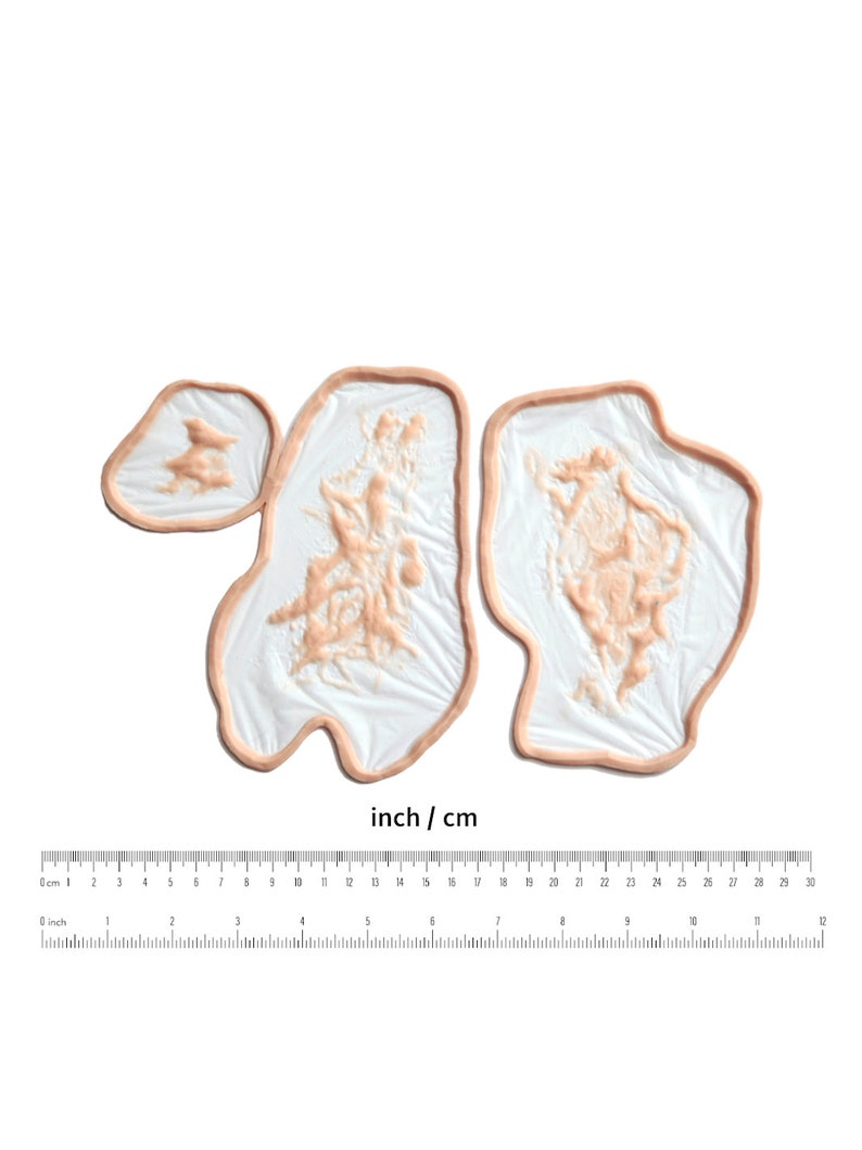 May include: Three prosthetic wound appliances with a flesh-toned color, each with a textured surface and a thin, light-brown border. The appliances are on a white background, with a ruler showing inches and centimeters.