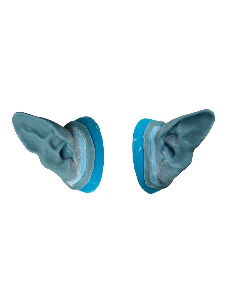 May include: A pair of blue ear moulds with a blue base. The ear moulds are made of a soft, flexible material and are designed to fit comfortably in the ear.