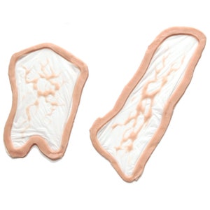 May include: Two silicone moulds for making resin crafts. The moulds are shaped like organic forms with a textured surface. The moulds are light pink in colour.
