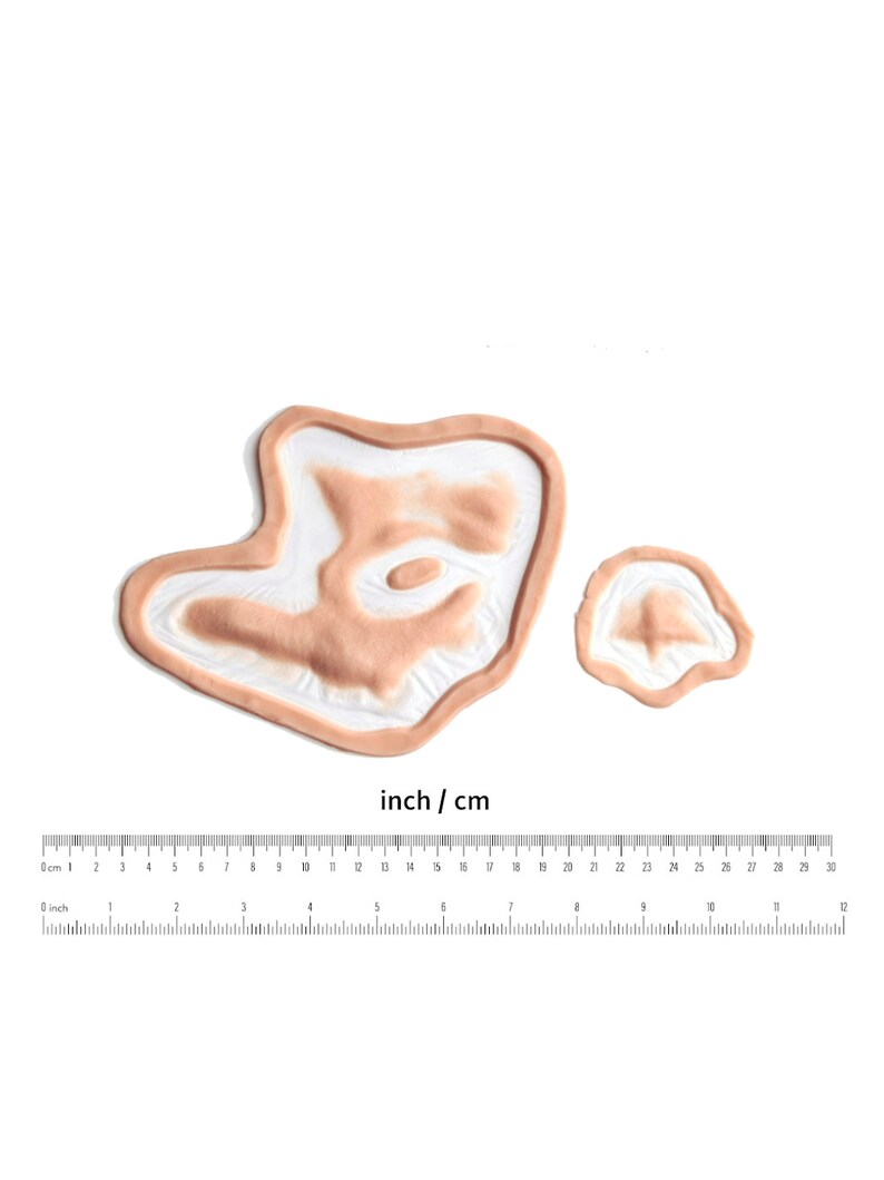 Pu&ograve; includere: Due ferite finte dall'aspetto realistico, una grande e una piccola, realizzate in silicone. Le ferite sono progettate per il trucco di effetti speciali e sono mostrate su uno sfondo bianco con un righello per la scala.