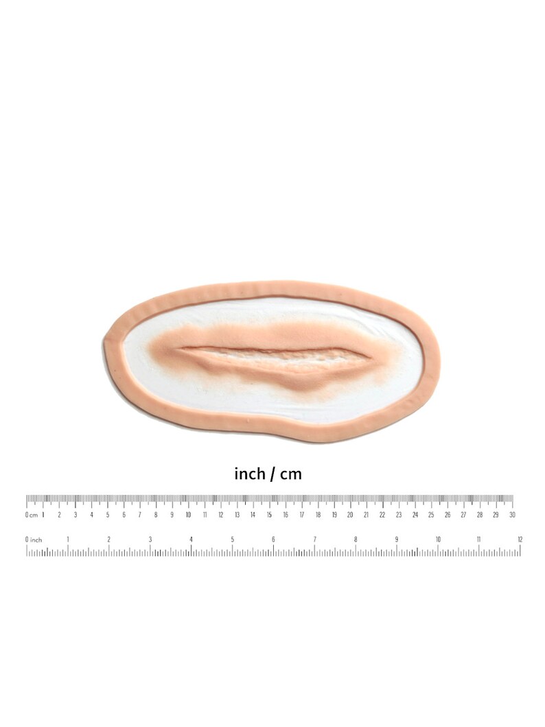 May include: A realistic fake wound for special effects makeup. The wound is a long, thin gash with a raised edge and a slightly pink color. The wound is about 3 inches long.