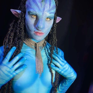 May include: A person wearing blue body paint and a silver necklace with a long tassel. They have blue and black braided hair and pointed ears. The person is posing with their hands near their chest.