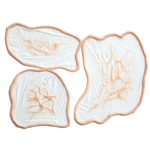 K&ouml;nnte beinhalten: Drei wei&szlig;e Silikonformen mit erhabenen, strukturierten Designs. Die Formen sind unregelm&auml;&szlig;ig oval geformt und haben einen hellpfirsichfarbenen Rand.