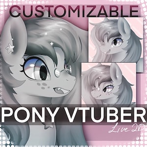 May include: A customisable grey pony VTuber avatar with a pink background. The pony has a star on its ear and is wearing glasses. The text "PONY VTUBER" is written in large letters below the pony. The text "Live 2D" is written in smaller letters below the text "PONY VTUBER".