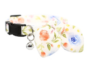 Bowtie Cat Collar - Watercolour Floral Print Fabric - "BlueBell"
