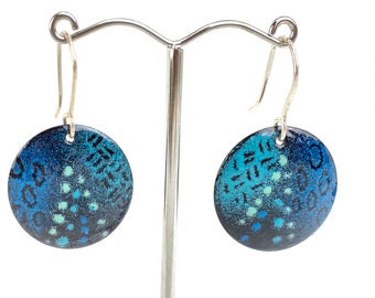 Enamel Earrings – Drop Dangle Circle Shape Earrings – Teal, Blue, Turquoise Enamel w Silver Hoops – Handmade – Boho style