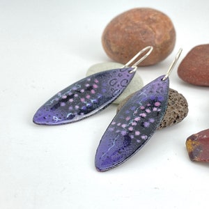 Enamel Earrings Drop Dangle Leaf Shape Earrings Purple and Pink Enamel w Silver Hoops Handmade Boho style image 2