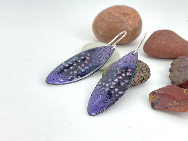 Enamel Earrings Drop Dangle Leaf Shape Earrings Purple and Pink Enamel w Silver Hoops Handmade Boho style image 2