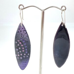 Enamel Earrings Drop Dangle Leaf Shape Earrings Purple and Pink Enamel w Silver Hoops Handmade Boho style image 4