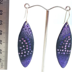 Enamel Earrings Drop Dangle Leaf Shape Earrings Purple and Pink Enamel w Silver Hoops Handmade Boho style image 5