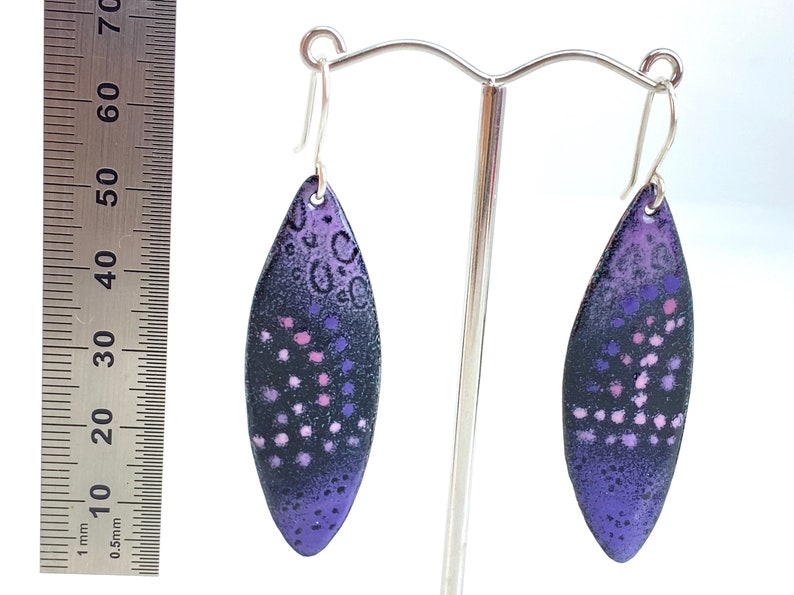 Enamel Earrings Drop Dangle Leaf Shape Earrings Purple and Pink Enamel w Silver Hoops Handmade Boho style image 5