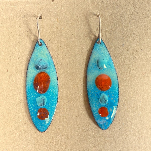 Enamel Earrings – Drop Dangle Earrings – Turquoise Blue & Orange w Silver Hoops – "River Rocks" design – Handmade – Boho style