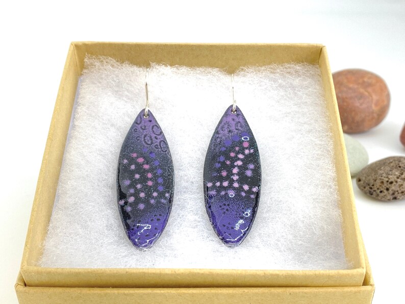 Enamel Earrings Drop Dangle Leaf Shape Earrings Purple and Pink Enamel w Silver Hoops Handmade Boho style image 6