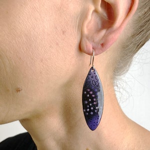 Enamel Earrings Drop Dangle Leaf Shape Earrings Purple and Pink Enamel w Silver Hoops Handmade Boho style image 3