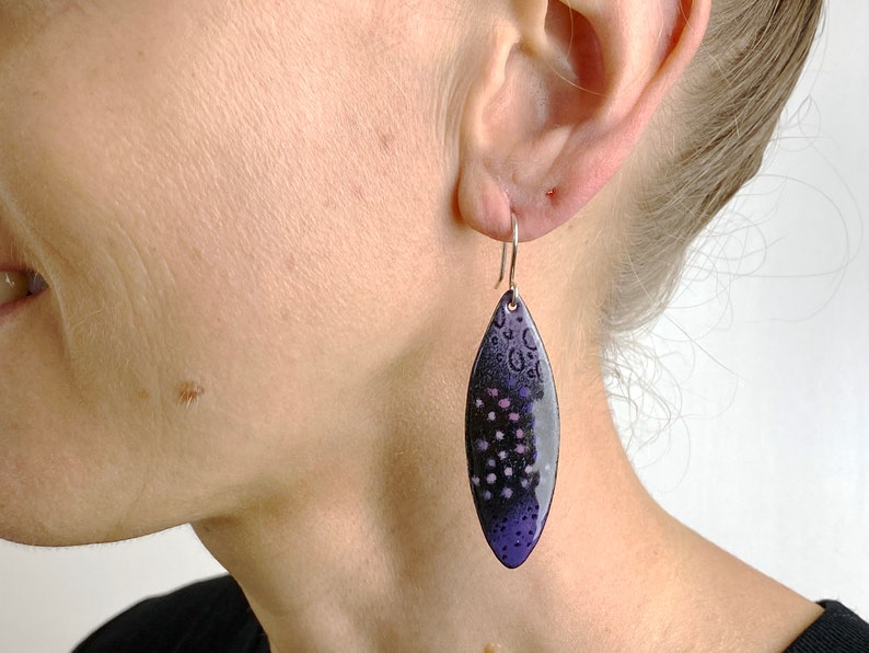 Enamel Earrings Drop Dangle Leaf Shape Earrings Purple and Pink Enamel w Silver Hoops Handmade Boho style image 3