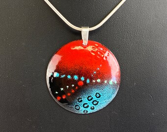 Enamel Pendant Reversible Design – Red, Blue, Black Enamel w Sterling Silver Bale and Sterling Silver Snake Chain – Handmade – Boho style