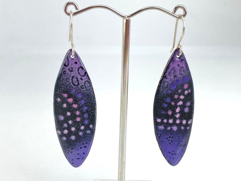 Enamel Earrings Drop Dangle Leaf Shape Earrings Purple and Pink Enamel w Silver Hoops Handmade Boho style image 1