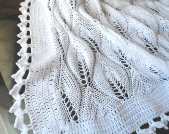 Hand Knitted Baby Shawl, Blanket Christening Baby Shower Gift, Lace Design, White Blue Pink