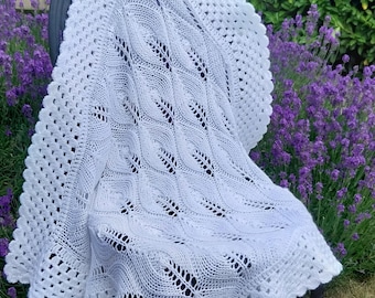 Hand Knitted Baby Shawl, Leaf Pattern, Crochet Edges, Baby Gift