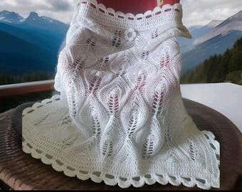 Hand Knitted Baby Shawl, Leaf Pattern Christening Blanket