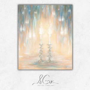 Shabbat Kerzen Kunst, Pastellfarben Leinwand Malerei, Shalom, Jejuda Wanddekoration, Jüdischer Giclée DRUCK