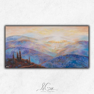 Panoramic Jerusalem Hills Landscape, Jewish Wall Art, Israel Holy Temple / Beis HaMikdash, Judaica Painting, Giclée Canvas PRINT