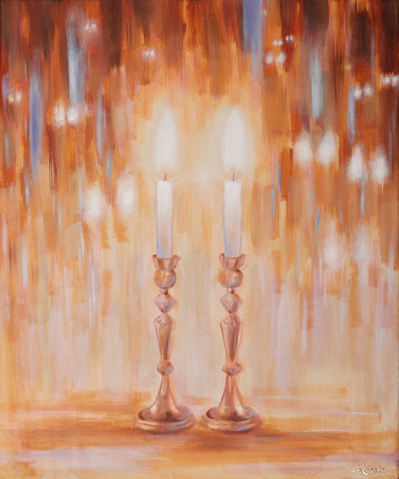 Shabbat Candles Shabbos Candlesticks Painting Shalom Etsy