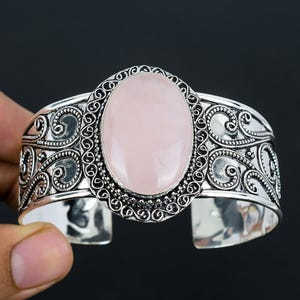 Beautiful Rose Quartz Handmade 925 Sterling Silver Bracelet, Pink Rose Quartz Bangle, Designer Silver Bangle, Christmas Gift For Woman