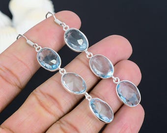 Handmade Aquamarine 925 Sterling Silver Dangle Earrings (7.2 cm)